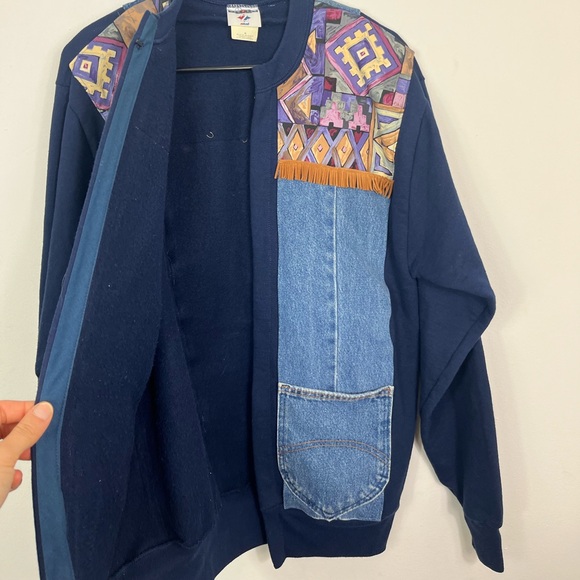 Vintage Custom Made Jerzees Patchwork Denim Cardigan Sz M - Picture 5 of 12
